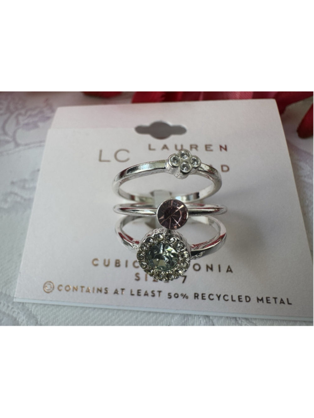 LC LAUREN CONRAD Dainty 3 PC Stack SIZE 7 Ring Pink Silvertone CZ Band SET NEW
